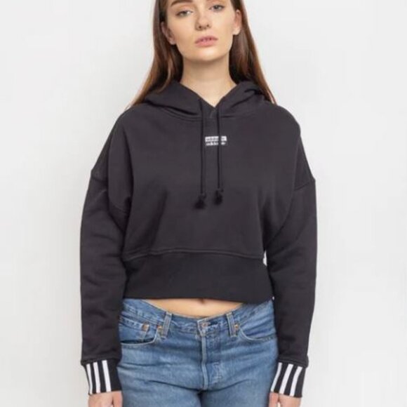 adidas Tops - Adidas Black & White Stripes Cropped Fit Hooded Sweatshirt S‎